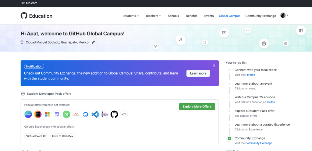 Dashboard del GitHub Global Campus